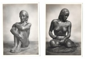 2 RPPC Nude Sculpture Sinnende Hockende Richard Scheibe Berlin 4X6 Art Postcarrd