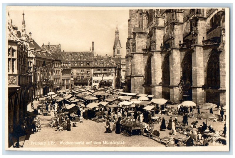 c1940's Market of Dam Münsterplatz Freiburg Bay Germany RPPC Photo Postcard