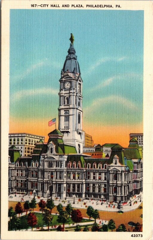 City Hall Plaza Building Philadelphia PA Clock Tower US Flag Postcard Unused UNP 