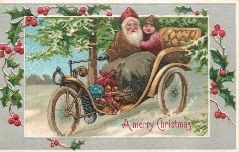 Brown Suit Santa Claus Driving A 3 Wheel Motor Bike Embossed Postcard