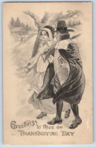 1914 Thanksgiving Greetings Pilgrims Rockford Illinois IL Antique Postcard
