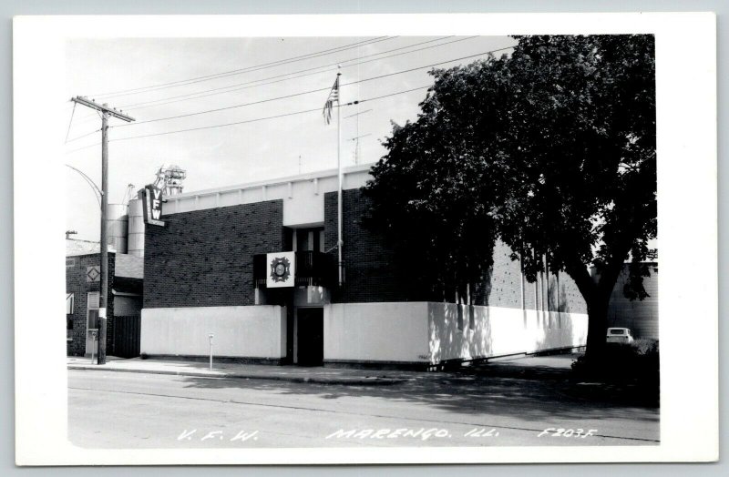 Marengo IL Veterans of Foreign Wars~VFW Post by Grain Elevators~RPPC 1950s PC 