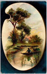 Painting Boating On Lake Sunset Scenic Picturesque View Postcard