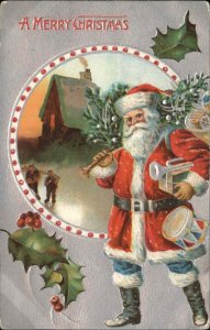 Christmas Santa Clause Toys House Embossed c1910s Postcard