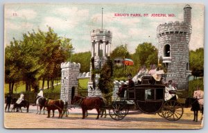 St Joseph Missouri~Krugs Park Entrance & Stagecoach Scene~PM 1909~Vtg Postcard