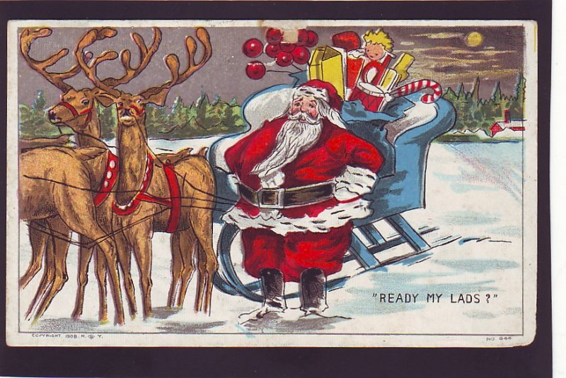 P1556 old used postcard santa sled presents Reindeer ready my lads