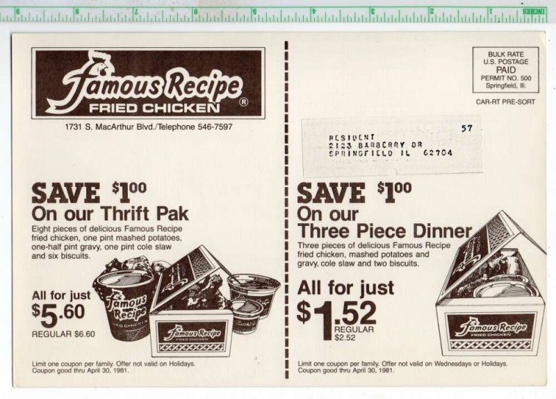 Famous Recipe Fried Chicken Restaurant Food Ad Coupon Oversized PC AA87135