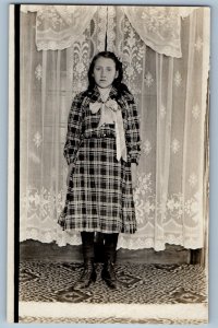 c1910's Young Girl Lace Curtains House Interior RPPC Photo Antique Postcard