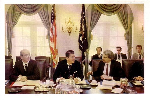 President Ronald Reagan in White House Cabinet Meeting, James Watts, David St...