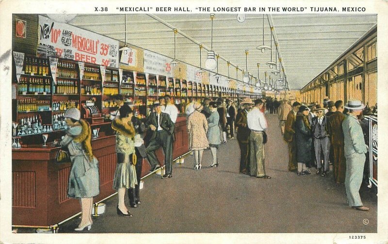 Postcard Mexico Tijuana Mexicali Beer Hall Longest Bar in world Western 23-2384 