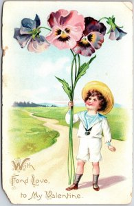 1908 Little Boy Holding A Giant Pansy Landscape Valentine Posted Postcard