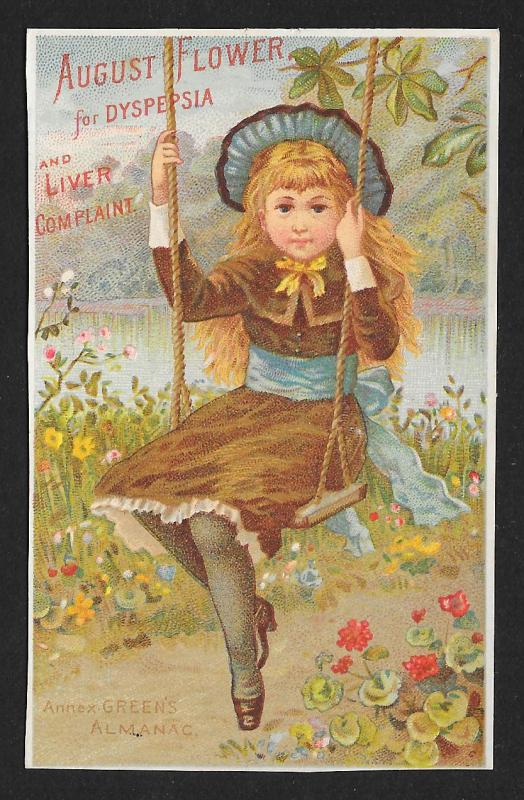 VICTORIAN TRADE CARD Boschees German Syrup Pretty Girl on Rope Swing c1883