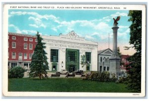 First National Bank And Trust Co. Plaza Soldiers Monument Greenfield MA Postcard
