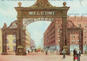 C.1910 Welcome Arch & 17th St. Oxford Hotel Union Depot, Denver Postcard P40