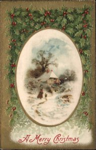 Christmas Woman Dog Snowy Landscape Holly Silk Gilt Embossed Winsch 1900s-20s PC