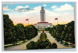 Vintage 1930's Linen Postcard University of Texas Tower Austin Texas Antique Car