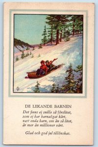 Christmas Postcard Boys Sledding Winter Scene Maiden Rock Wisconsin WI 1927