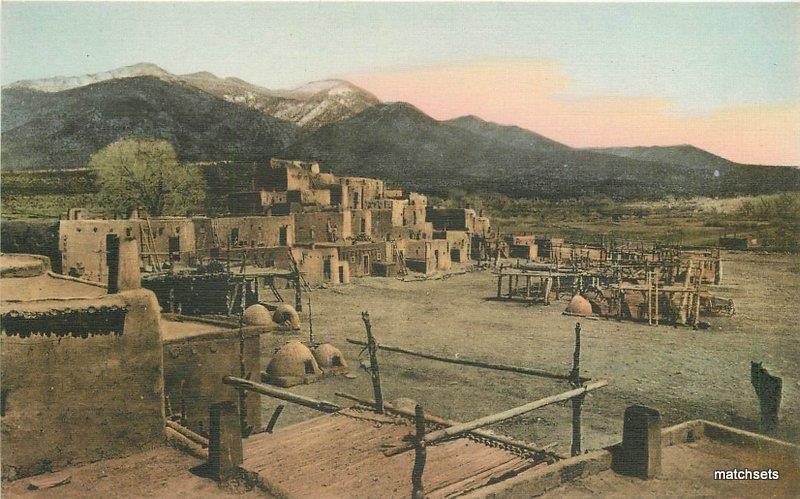 1920s Taos Pueblo North House New Mexico hand colored postcard 6487