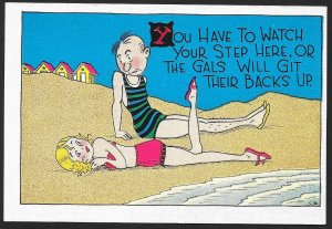 Man & Pretty Lady on Beach You Have to Watch Your Step Here.... Unused c1930s