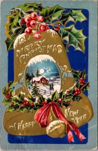 Merry Christmas With Holly and Gold Bell 1908