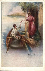 M Santino Romance Beautiful Woman and Man Rowboat c1910 Vintage Postcard