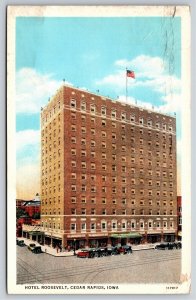 Cedar Rapids Iowa~Hotel Roosevelt Bldg Street View~PM 1935~Vintage Postcard