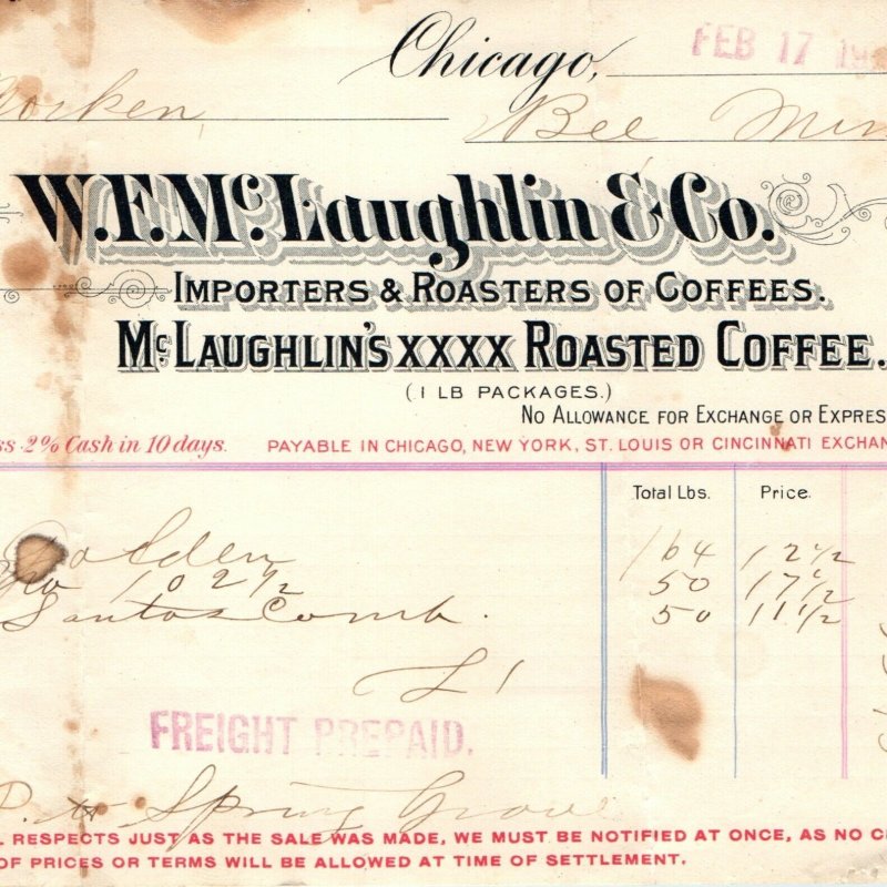 c1903 Chicago, MN W.F. McLaughlin Coffee Letterhead Antique Receipt Invoice R1