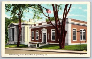 St Johnsbury Vermont~Masonic Temple & Post Office Bldg~US Flag~1940s Linen PC