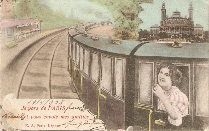 Lady in trainn. Farewell Paris Nice old vintage French postcard