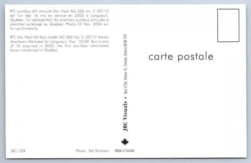 RTL Articulated Bus, Rue University, Montreal, Quebec, 2004 Chrome Postcard