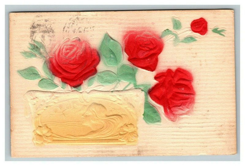 Vintage 1930's Air Brushed Postcard Embossed Roses and Beautiful Woman