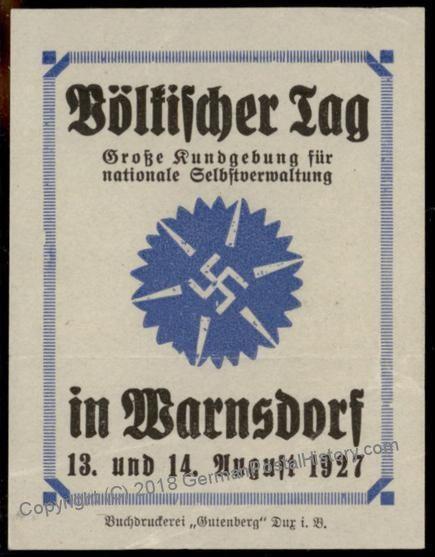 Germany Weimar 1927 Nazi Window Sticker  Warnsdorf Voelkischer Tag Bohemia 59365