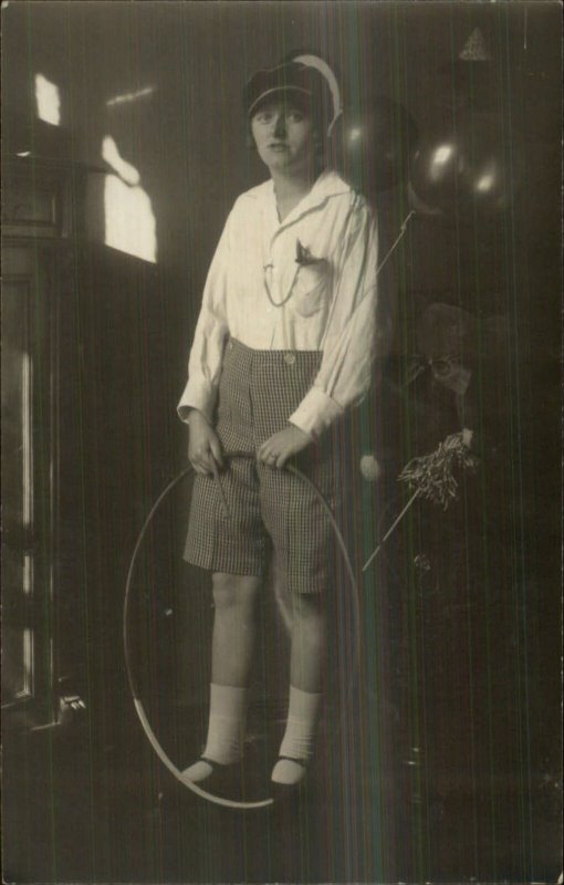 Costume Woman Dressed as School Kid Hula Hoop Balloons Teddy Bear RPPC