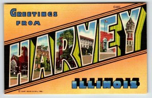 Greetings From Harvey Illinois Large Letter Linen Postcard Curt Teich Unused