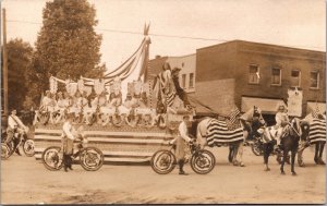 Real Photo PC Lincoln Park School Parade Float Children Patriotic Horse Bicycle