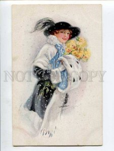 285429 USABAL Belle Woman Lady Roses WINTER FASHION Vintage postcard