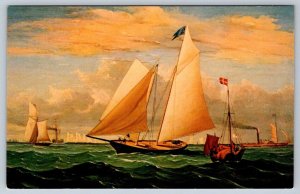 Schooner Yacht America, Vintage Chrome Art Postcard Signed Fitz Hugh Lane