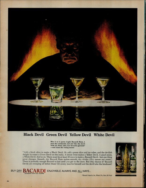 1964 Bacardi Liquior White Devil Green Devil Vintage Print Ad 3571