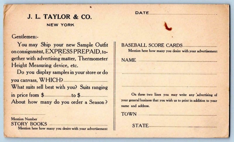 J L TAYLOR & CO*NEW YORK*SAMPLE OUTFITS FORM*BASEBALL SCORE CARDS*STORY BOOKS