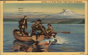 Puget Sound Washington WA Fishing Landing 36-Pound Salmon Linen Postcard