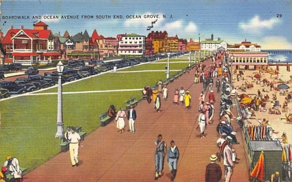 Boardwalk and Ocean Avenue from South End in Ocean Grove, New Jersey