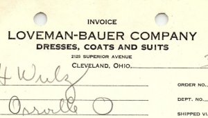 1939 LOVEMAN-BAUER CO. CLEVELAND OH DRESSES COATS SUITS BILLHEAD INVOICE Z1020