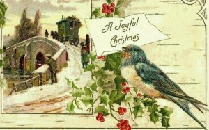 1907-15 A Joyful Christmas Postcard Bird River Bridge Stagecoach Horses Holly 