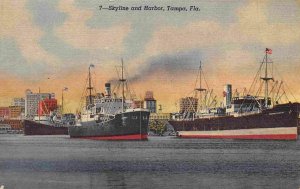 Steamer Ships Skyline Tampa Harbor Florida linen postcard