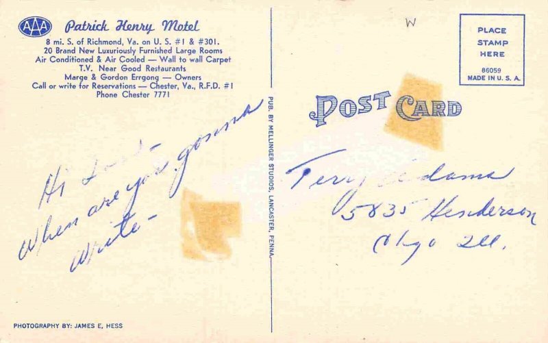 Patrick Henry Motel US 1 101 Richmond Virginia 1940s linen postcard