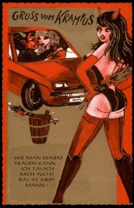 Austria 1960s Classic Krampus Cheating Devil Car Christmas Card UNUSED G95235