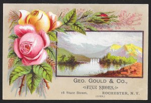 VICTORIAN TRADE CARD Gould & Co Fine Shoes Roses River & Mountains