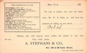 Advertising Post Card A Stephani & Co Cedar Street, New York, NY USA 1893