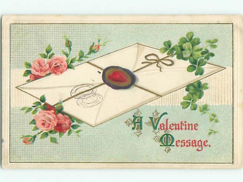 Pre-Linen valentine ENVELOPE WITH PINK ROSE FLOWERS AND LUCKY CLOVER J0660