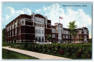 1914 High School Exterior Tree Scene Pontiac Michigan MI Posted Vintage Postcard